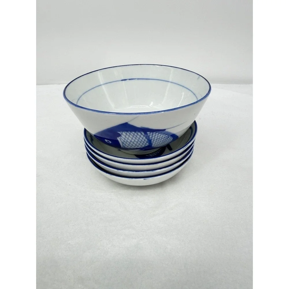 Chinese Koi Fish Carp Ceramic Rice Dipping Bowl SET of 5 Piece Asian Serverware